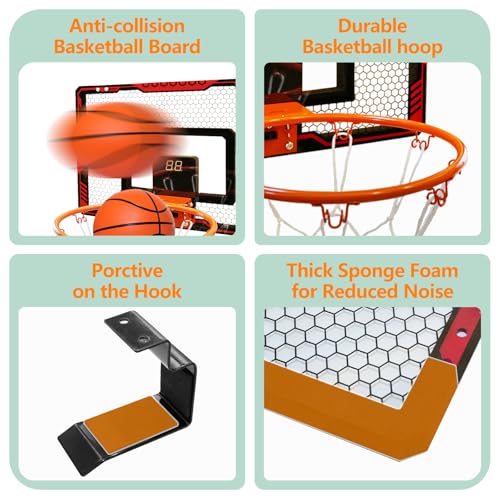 Mini Indoor Basketball Hoop for Kids, Over Door Basketball Toy with LED Electronic Scoring & 3 Balls, Anti-Impact Backboard, Basketball Toys Gifts for 6 7 8 9 10 11 12 Year Boys Adults Bedroom Office