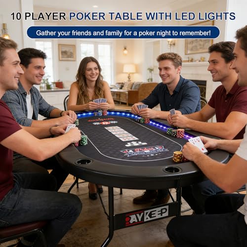 RAYKEEP LED Foldable Poker Table, 10 Players Folding Texas Holdem Blackjack Casino Table w/Inlaid 3-Color LED Light, Padded Rails & Cup Holders, Portable Card Game Table for Home Game Room & Parties - color: 84" Led