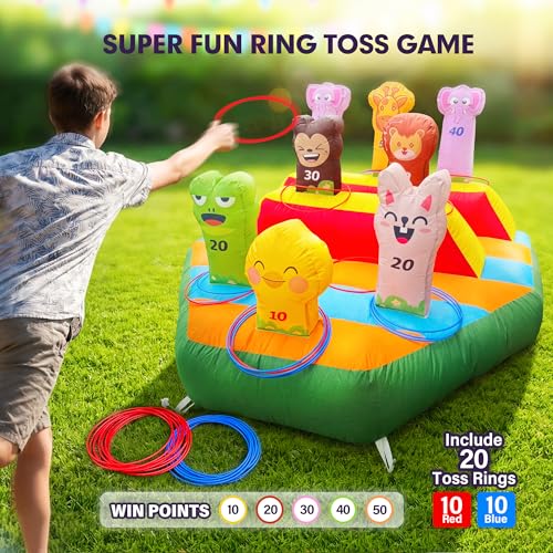 6FT Inflatable Ring Toss Game with 20 Rings & Built-in Blower, Inflatable Carnival Toss Game for Backyard, Camping, Event, Family Party