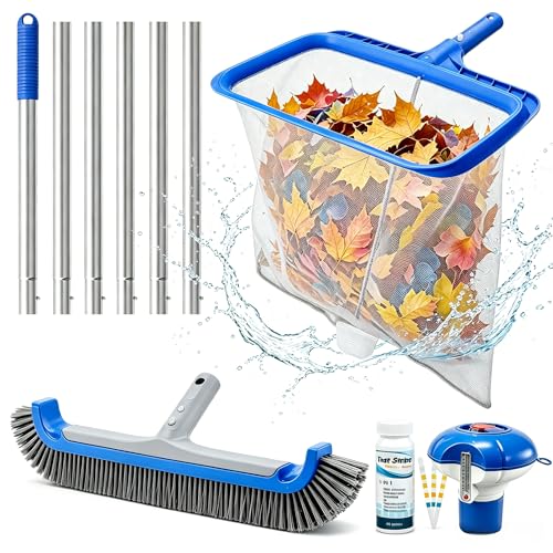 Consciot Pool Cleaning Kit, incl. Rake Net, Brush, Pole, Dispenser & Test Strip | Swimming pool maintenance set; Pool opening kit for medium aboveground & in-ground pool, SPA, pond, fountain; Easy to store - size: 5PCS