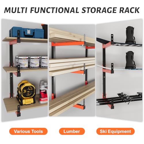 27" Lengthened Lumber Storage Rack, 6-Hole Adjustable Wall Mount Wood Organizer Storage Metal Shelves for Garage (4 Pack) - style: 4 Pack