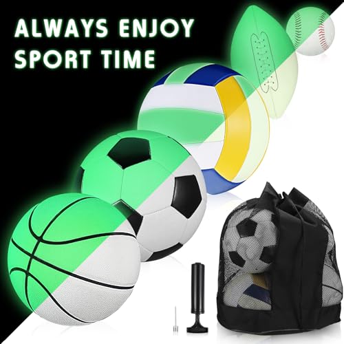 Sratte 5 Pcs Glow in The Dark Sport Ball Set for Kid Teen Official Size Football Basketball Soccer Ball Volleyball Baseball with Carry Bag and Pump Back to School Gift