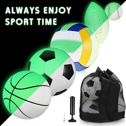 Sratte 5 Pcs Glow in The Dark Sport Ball Set for Kid Teen Official Size Football Basketball Soccer Ball Volleyball Baseball with Carry Bag and Pump Back to School Gift