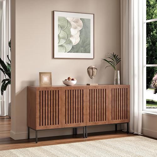 BVIUNTWO Modern Storage Cabinet with Slatted Doors,Sideboard Buffet Cabinet with Adjustable Shelf and Metal Legs for Kitchen,Dining Room,Living Room,63 Inch,Brown - size: 63 Inch