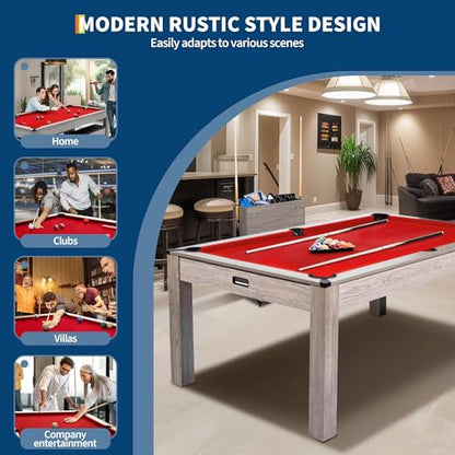 7FT 3-in-1 Pool Table - Convertible Billiard, Dining Table & Ping Pong | Includes Rolling Storage Cart, Cue Sticks, Balls, Table Tennis Set | Space-Saving Game Table for Home & Game Rooms - color: Red