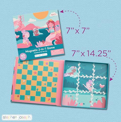 Stephen Joseph, Magnetic Checkers and Tic-Tac-Toe, 40 pc Magnetic 2 in 1 Travel Play Set – Fun Game for Families, Ideal for Ages 3+ – Travel Game for Kids with Travel Tin, Mermaid