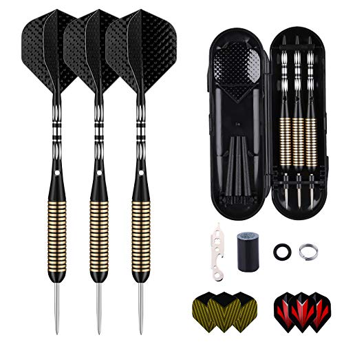 Steel Tip Darts Set for Dartboard, Professional Brass Darts Metal Tip Black Purple Aluminium Nylon Shafts 9 Flights 50 Rubber O-Rings 12 Spring Rings 1 Dart Sharpener Tool 24/27 Grams - color: 27g Black