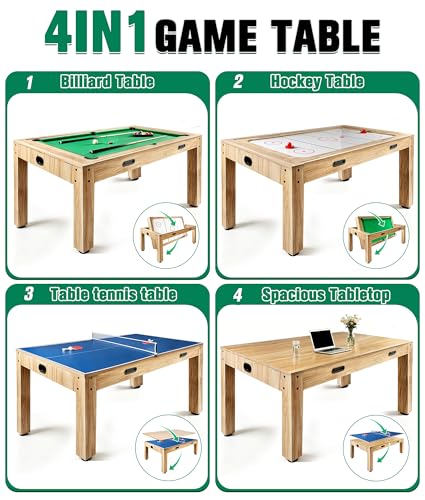 7FT 4-in-1 Multi Game Table, Combo Game Table with Billiards, Air Hockey, Ping Pong & Dining Table, Wood Game Room Table with All Accessories for Home, Family, Adults & Kids