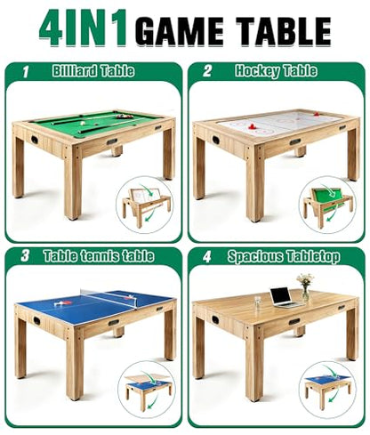 7FT 4-in-1 Multi Game Table, Combo Game Table with Billiards, Air Hockey, Ping Pong & Dining Table, Wood Game Room Table with All Accessories for Home, Family, Adults & Kids