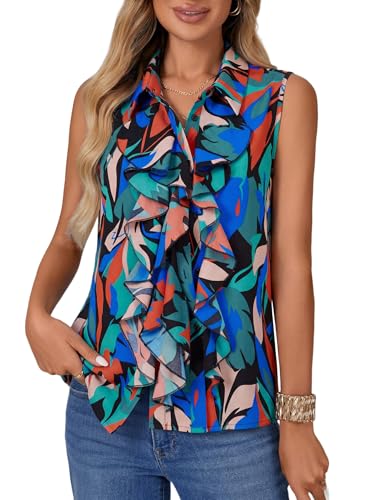 Vrtige Women's Summer Tank Top Button Down Ruffle Front Collar Neck Sleeveless Blouse Shirt Top - color: Abstract Patterns, size: Large