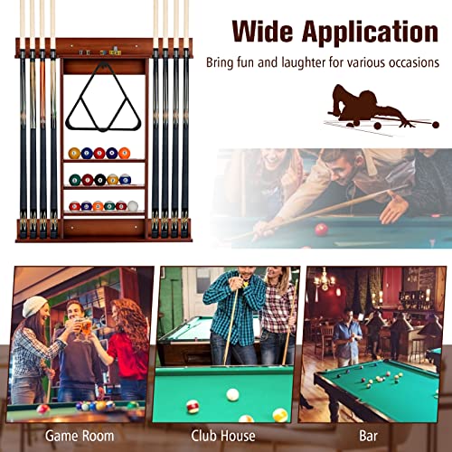 LDAILY Pool Cue Rack Only, Wooden Pool Cue Holder, Holds 8 Cues, 16 Billiard Balls & Ball Rack, Pool Stick Holder Wall Mount for Billiard Room, Club & Man Cave, 31" L x 3" W x 36" H (Coffee)