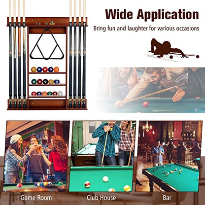 LDAILY Pool Cue Rack Only, Wooden Pool Cue Holder, Holds 8 Cues, 16 Billiard Balls & Ball Rack, Pool Stick Holder Wall Mount for Billiard Room, Club & Man Cave, 31" L x 3" W x 36" H (Coffee)