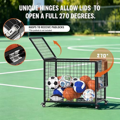Ball Cart Garage Sports Equipment Organizer with Lockable Lid, Basketball Storage Bin for Indoor Outdoor, Rolling Exercise Ball Cart Holder for Gym, School, Club