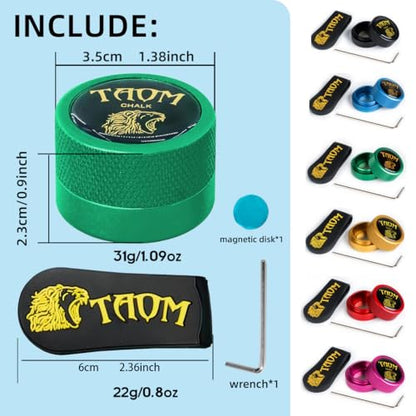 TAOM Pool Chalk Holder Round Shaped Practical Tool Billiards Accessories Magnetic Mini Chalk Tip Case Container Round Box Billiards - color: 2-Green with Silicone Clip