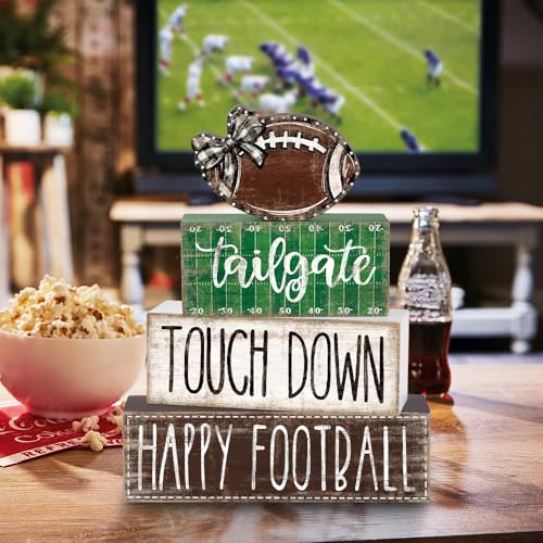 DIYDEC 4Pcs Football Table Decoration Happy Football Wooden Block Sign Fall Rugby Tiered Tray Decor Centerpiece Decorative Faux Book Stack for Holiday Tabletop Coffee Fireplace Shelf Desk Party Decor - style: Football
