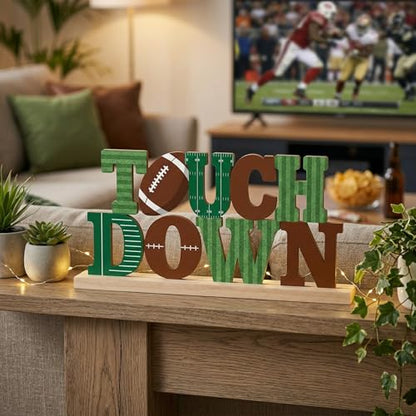 Touch Down Football Table Decorations Game Day Metal Table Sign with Wooden Base Football Sports Theme Tabletop Centerpieces for Man Boys Super Bowl Tiered Tray Decor Party Room Decor - style: Touch Down Football