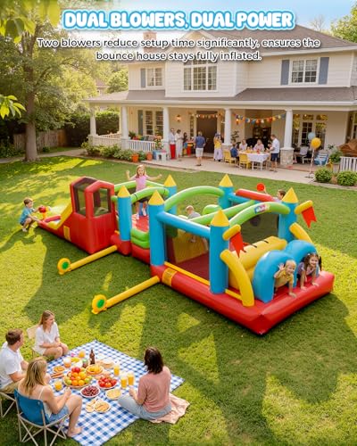 Whubefy Giant 29FT Bounce House Water Slide for Kids 3-12, Huge Sectional Obstacle Course Bouncy Castle with Slides/Tunnels/Climbing Walls/Jumping Area/Obstacles/Splash Pool/Basketball Hoops/Dartboard - style: 550+370W Blower