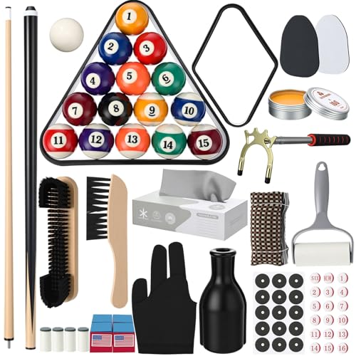 Vinsot 100 Pieces Pool Table Accessories, 16 Billiard Balls, 2 Sets of Pool Cues, Triangular Diamond Ball Rack, Cue Chalk, Cue Heads and Ball Brush Set and Other Billiard Accessories