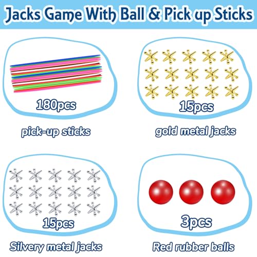 ZeeDix 3 Sets Jacks Game and Pick Up Sticks, 180 Pcs Sticks and 30 Pcs Metal Jax with 3 Pcs Red Rubber Balls, Classic Pick Up Sticks Game for Kids Adults Family - style: 3 Set