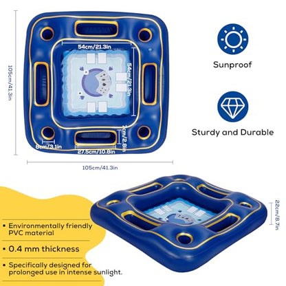 Floating Poker Table for Pool with Waterproof Playing Cards - 4 Person Inflatable Pool Games for Adults - Blue & Gold Premium Floating Card Table Set for Lake, River, and Swimming Party (40 inch)