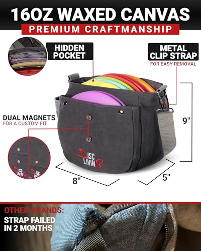Disc Golf Bag | Frisbee Golf Bag | Easy to Carry | Lightweight Fits Up to 10 Discs | 16 oz Waxed Canvas Sturdy Design | Belt Loop | Double Button Design | Bottle Holder - style: Waxed Canvas - Grey
