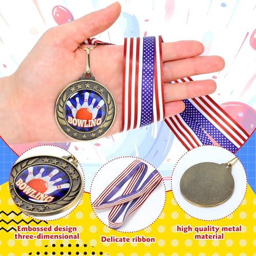 Realspring 8 Pcs Bowling Award Medals with Stars and Stripes 2 Inches Bowling Ball Medal with American Flag Neck Ribbon for Adults Tournament