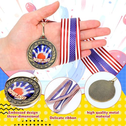 Realspring 8 Pcs Bowling Award Medals with Stars and Stripes 2 Inches Bowling Ball Medal with American Flag Neck Ribbon for Adults Tournament