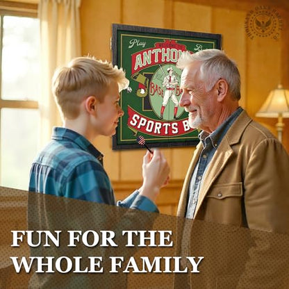 Personalized Dart Board Cabinet Set with 6 Steel Tip Darts, Paper Dartboard, Chalk & Eraser (21.5 x 21.5 x 2.75) - Man Cave Dart Boards for Adults - style: Baseball Sports Bar
