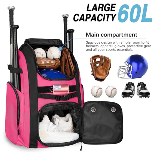 Goloni Baseball Bag, 60L Capacity Softball bag Holds 4 Bats for Youth & Adult, Baseball Bat Backpack with Shoes Compartment,Helmet Holder,Fence for Hook T-Ball, Softball Equipment, Baseball Gear - color: Pink