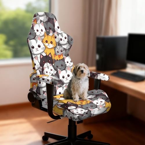 Cartoon Cat Print Gaming Chair Covers Slipcovers Cat Scratch Proof Office Chair Seat Cover Stretch Removable Washable Furniture Protector for Home Offices/Study Rooms - color: Cartoon Cat
