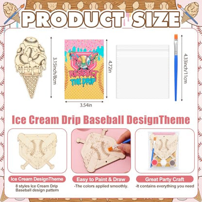 Saypacck 24 Pcs Ice Cream Drip Baseball Party Favors Wooden Painting Craft Kits Birthday Party Supplies with Organza Bag for Goodie Bags Fillers Adult Thank You Gifts - style: Ice Cream Drip Baseball