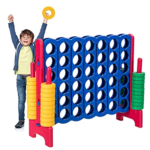 Costzon Giant 4-in-A-Row, Jumbo 4-to-Score Giant Game Set for Kids & Adults, Indoor Outdoor Yard Connect Game, 3.5FT Tall with 42 Jumbo Rings & Quick-Release Slider, Perfect for Family & Party Games - color: Blue/Red