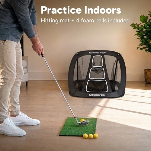 GoSports Chipster PRO Golf Chipping Net - Portable Outdoor & Indoor Golf Practice Target with Hitting Mat and 4 Foam Balls - Best Gifts for Golfers - Black