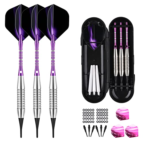 Darts Plastic Tip Set - 18g 21g Colorful Rainbow Soft Tip Darts 50 Anti-Loose O-Rings 6 Shaft (Aluminum/Nylon 45mm) 6 Durable Flights Extra 50 Soft Tips Electronic Dartboard - color: Purple-02-DARTB