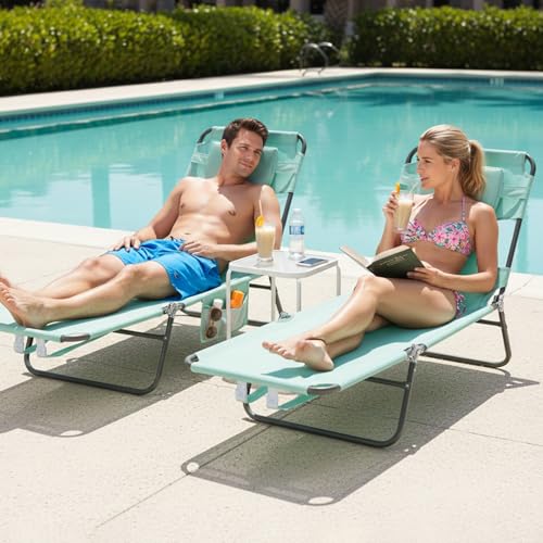 SunnyFeel Lounge Beach Chair for Adults with Face Hole, Backpack Reclining Beach Chairs Lay Flat, Sun Face Down Tanning Chair, Portable Folding Camping Cot for Outside Pool, Sunbathing, Reading - color: Teal-2set