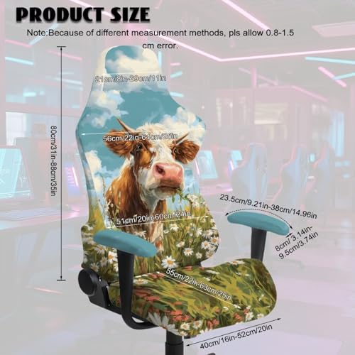 Suobstales Cow Daisy Flower Pattern Gaming Chair Cover Set, Stretchable Game Chair Slipcovers with 2 Armrest Covers, Scratch-Proof Gamer Desk Chair Covers for Computer Office Seat - color: Cow Daisy Flower