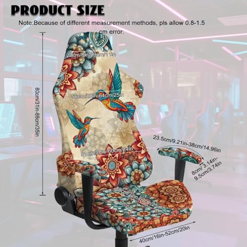 Hummingbird Print Gaming Chair Seat Covers Bohemian Flower Print Game Chair Cover with Armrest Covers Skin Friendly Soft Elastic - color: Brown - Hummingbird Bohemian Flower