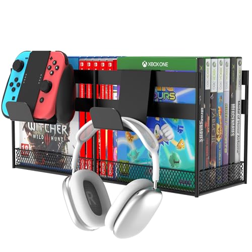 Alyoen Video Game Storage Tower, Gaming Holder Shelf, PS5 Organizer Wall Mount with Controller Hook for /PS4/PS3/Xbox Series/CD/DVD, Holds 32 Nintendo Switch