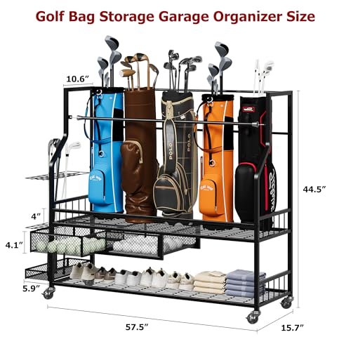 Golf Bag Storage Garage Organizer, Golf Bag Stand Fit for 4 Golf Bags, Golf Clubs, Golf Balls, Golf Equipment Accessories, Golf Bag Storage Rack with Wheels for Garage, Club, Shed, Basement - size: 57.5" L x 44.5" W x 15.7“ H