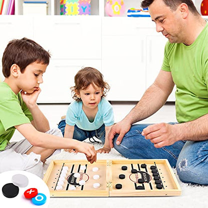 Sling Puck Game, Chess Checkers Game Set, 4 in 1 Folding Wooden Board Game, Fast Hockey Table Game, Portable Tabletop Tic Tac Toe Slingshot Chess Set for Kids and Adults