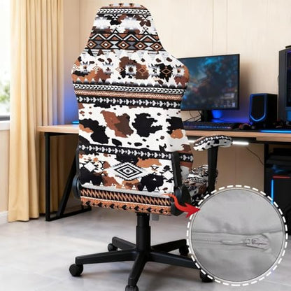 Suobstales Aztec Cow American Tribal Pattern Gaming Chair Cover Washable Gaming Chair Slipcovers with Armrest Covers, Anti-Scratch Universal Fit Ergonomic Office Desk & Racing Computer Gamer Chairs - color: Aztec Cow American Tribal