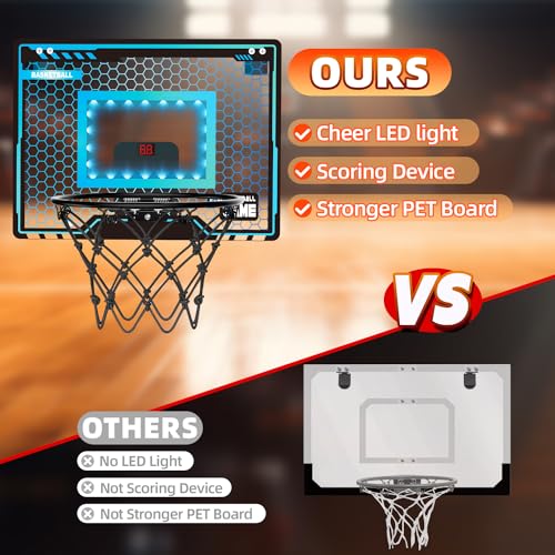 Indoor Mini Basketball Hoop for Kids, Over The Door Basketball Hoop with LED Lighting & 3 Balls, Mini Hoop Basketball Gifts for 4 5 6 7 8 9 10 11 12 Year Old Teen Boys Toys Christmas Birthday Gift
