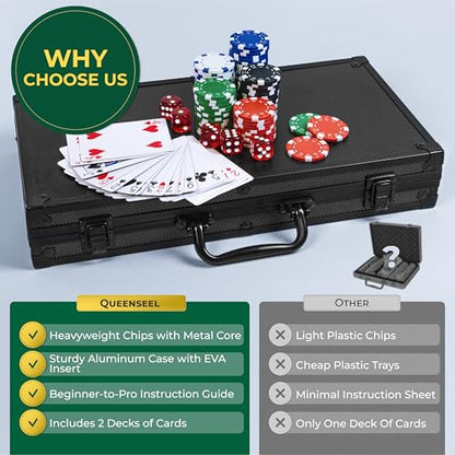 Queensell Poker Set with 300 Professional Weight Poker Chips for Texas Holdem – Poker Chip Set with Aluminum Carrying Case, Playing Cards, Dealer Buttons & Dice