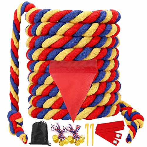 Field Day Tug of War Rope for Kids and Adults, Outdoor Lawn Yard Family Reunion Birthday Party Games, Outside Backyard Camping Picnic Games, Backyard Carnival Games Fun for Team Building Activities - color: Blue&red&yellow, size: 20 Feet