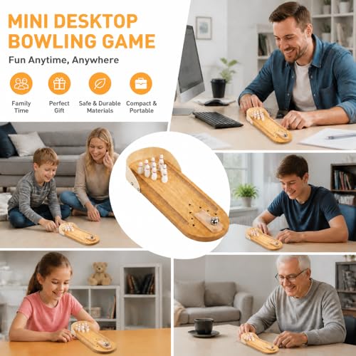 SANTA CASA Tabletop Mini Bowling Game Set for Adults Teens Kids, Wooden Funny Desktop Toys, Stress Relief Office Gadgets, White Elephant Gifts, Stocking Stuffers