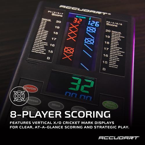 Accudart Cybermatch 2000 Electronic Dart Scorer – 32 Games with 580 Variations, 5 Skill Level Computer Opponents, 8-Player X/O Cricket Scoring Display – Battery Operated for Steel Tip Darts