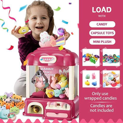 Kids Claw Machine with Toys Inside, Vending Machine Lights & Sound, Electronic Mini Claw Game for Boys & Girls, Birthday & Party Gift, Includes 25 Plush Toys, Surprise Eggs & USB Cable - style: Large Bunny Wonder