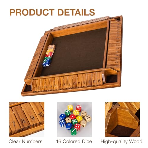 Upgraded 16.54’’ Shut The Box Dice Game with 15 Numbers for 1-4 Players, Large Wooden Board Math Game 16 Dices, Tabletop Games Kids Adults Family Party Birthday - color: 16.5 In-brown