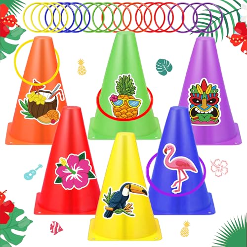Hawaii Ring Toss Game Set, Luau Party Tossing Game with 6 Plastic Cones, 18 Colorful Rings, Beach Lawn Games for Kids Adults, Hawaiian Tiki Party Supplies Indoor Outdoor Family Activities (Hawaii)