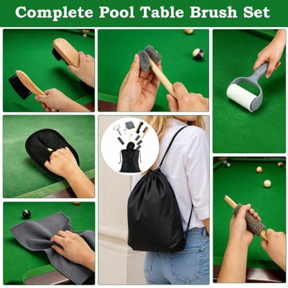 Tuhangcc 12PCS Complete Pool Table Brush Set All-in-One Cleaning Kit with 2 Sizes Wooden Brushes Lint Roller 2 Refills Plush Glove 4 Cue Sponges Suede Cloth Waterproof Storage Bag for Billiard Rooms